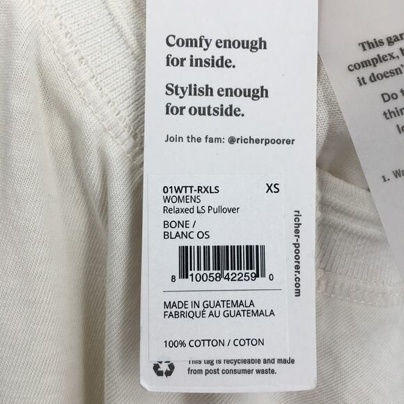 RicherPoorer Relaxed Long Sleeve Pullover Sweatshirt XS Crew Neck Cream NWT - Picture 8 of 10